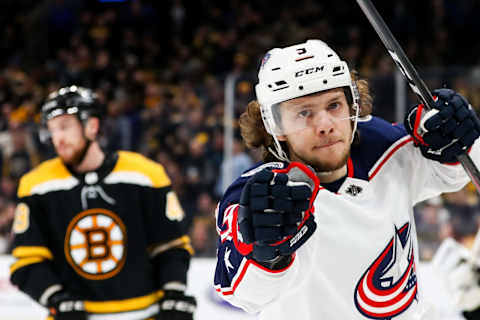 BOSTON, MA – APRIL 27: Artemi Panarin #9 of the Columbus Blue Jackets reacts after scoring in the second period in Game Two of the Eastern Conference Second Round against the Boston Bruins during the 2019 NHL Stanley Cup Playoffs at TD Garden on April 27, 2019 in Boston, Massachusetts. (Photo by Adam Glanzman/Getty Images)