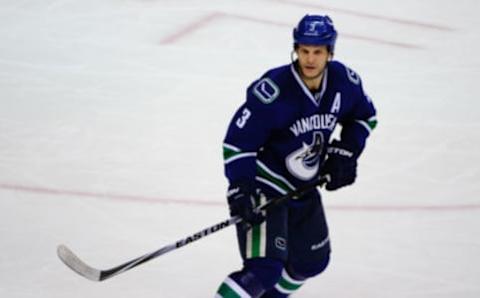 Apr 6, 2015; Vancouver, British Columbia, CAN; Vancouver Canucks defenseman Kevin Bieksa (3) skates against the Los Angeles Kings during the second period at Rogers Arena. The Vancouver Canucks won 2-1 in a shoot out. Mandatory Credit: Anne-Marie Sorvin-USA TODAY Sports