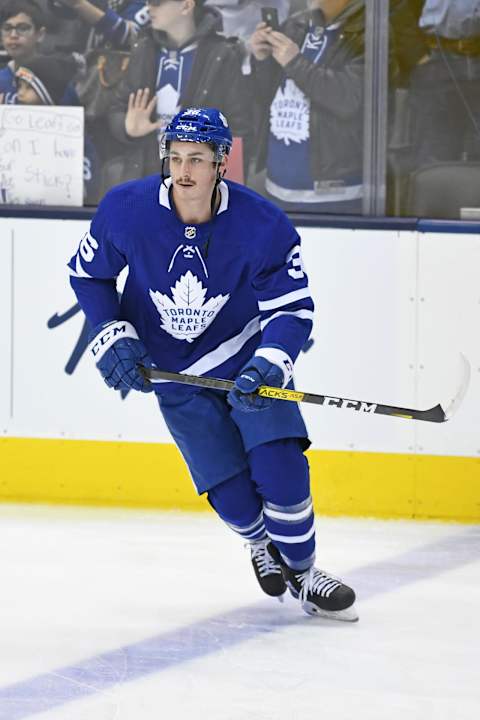 TORONTO, ON – JANUARY 06: Toronto Maple Leafs Left Wing Mason Marchment (36) in warmups prior to the regular season NHL game between the Edmonton Oilers and Toronto Maple Leafs on January 6, 2020 at Scotiabank Arena in Toronto, ON. (Photo by Gerry Angus/Icon Sportswire via Getty Images)