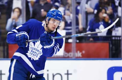 TORONTO, ON – APRIL 23: Auston Matthews #34 of the Toronto Maple Leafs warms-up before facing the Boston Bruins in Game Six of the Eastern Conference First Round during the 2018 NHL Stanley Cup Playoffs at the Air Canada Centre on April 23, 2018 in Toronto, Ontario, Canada. (Photo by Kevin Sousa/NHLI via Getty Images)