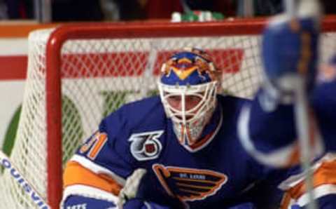 TORONTO, ON – OCTOBER 7: Curtis Joseph #31 of the St. Louis Blues prepares for a shot during NHL game action against the Toronto Maple Leafs at Maple Leaf Gardens in Toronto, Ontario, Canada on October 7, 1991. (Photo by Graig Abel Collection/Getty Images) )