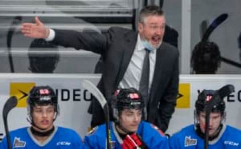 QUEBEC CITY, QC – NOVEMBER 4: Patrick Roy, head coach of the Quebec Remparts, speaks to his players during their Quebec Major Junior Hockey League hockey game at the Videotron Center on November 4, 2021 in Quebec City, Quebec, Canada. (Photo by Mathieu Belanger/Getty Images)