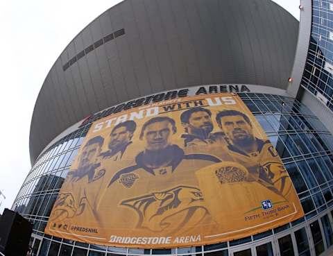 May 9, 2016; Nashville, TN, USA; A view of Bridgestone Arena prior to game of the San Jose Sharks against the Nashville Predators in game six of the second round of the 2016 Stanley Cup Playoffs at Bridgestone Arena. Mandatory Credit: Aaron Doster-USA TODAY Sports