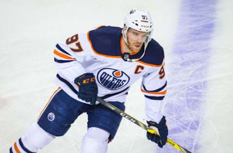 Mar 26, 2022; Calgary, Alberta, CAN; Edmonton Oilers center Connor McDavid (97) skates during the warmup period against the Calgary Flames at Scotiabank Saddledome. Mandatory Credit: Sergei Belski-USA TODAY Sports