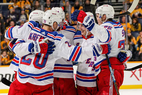 NASHVILLE, TN – DECEMBER 29: The New York Rangers celebrate a 4-3 win against the Nashville Predators at Bridgestone Arena on December 29, 2018 in Nashville, Tennessee. (Photo by John Russell/NHLI via Getty Images)