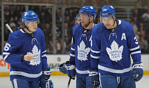 TORONTO, ON – DECEMBER 21: Mitchell Marner #16, Auston Matthews #34, and Morgan Rielly #44 of the Toronto Maple Leafs . (Photo by Claus Andersen/Getty Images)