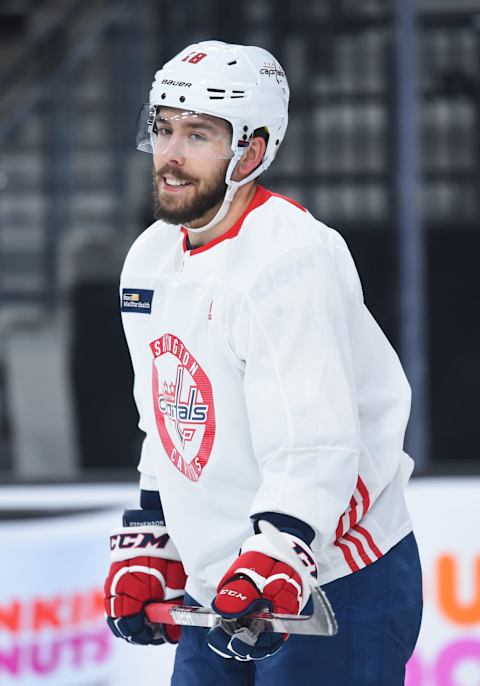 LAS VEGAS, NV – MAY 27: Washington Capitals Winger Chandler Stephenson (18) during the Capitals practice for the NHL Stanley Cup Final Media Day on May 27, 2018 at T-Mobile Arena in Las Vegas, NV. (Photo by Chris Williams/Icon Sportswire via Getty Images)