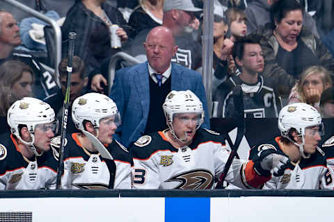 LOS ANGELES, CA – MARCH 23: General manager and interim head coach Bob Murray of the Anaheim Ducks watches from the bench during the first period of the game against the Los Angeles Kings at STAPLES Center on March 23, 2019, in Los Angeles, California. (Photo by Adam Pantozzi/NHLI via Getty Images)