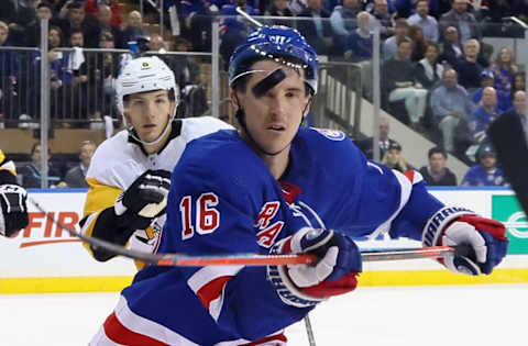 NEW YORK, NEW YORK – MAY 05: Ryan Strome #16 of the New York Rangers keeps his eyes on the puck during the second period against the Pittsburgh Penguins in Game Two of the First Round of the 2022 Stanley Cup Playoffs at Madison Square Garden on May 05, 2022 in New York City. (Photo by Bruce Bennett/Getty Images)