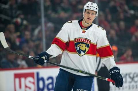 Dec 13, 2016; Saint Paul, MN, USA; Florida Panthers forward Nick Bjugstad (27) against the Minnesota Wild at Xcel Energy Center. The Wild defeated the Panthers 5-1. Mandatory Credit: Brace Hemmelgarn-USA TODAY Sports