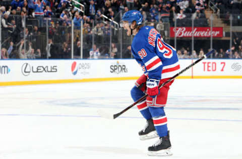 NEW YORK, NY – MARCH 09: Vladislav Namestnikov #90 of the New York Rangers reacts after scoring a goal in the third period against the New Jersey Devils at Madison Square Garden on March 9, 2019 in New York City. (Photo by Jared Silber/NHLI via Getty Images)