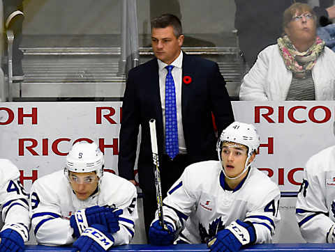 TORONTO, ON – OCTOBER 28: Head Coach Sheldon Keefe of the Toronto Marlies watches the play develop against the Laval Rocket during AHL game action on October 28, 2017 at Ricoh Coliseum in Toronto, Ontario, Canada. (Photo by Graig Abel/Getty Images)