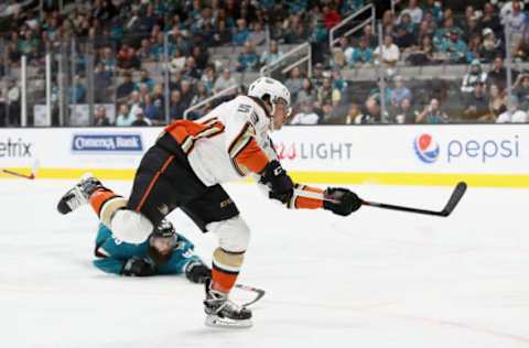 SAN JOSE, CA – OCTOBER 03: Max Comtois #53 of the Anaheim Ducks scores his first NHL goal against the San Jose Sharks at SAP Center on October 3, 2018, in San Jose, California. (Photo by Ezra Shaw/Getty Images)