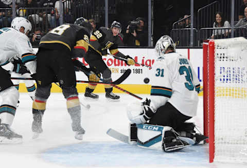 LAS VEGAS, NEVADA – SEPTEMBER 29: William Carrier #28 of the Vegas Golden Knights scores a goal during the first period against the San Jose Sharks at T-Mobile Arena on September 29, 2019 in Las Vegas, Nevada. (Photo by David Becker/NHLI via Getty Images)