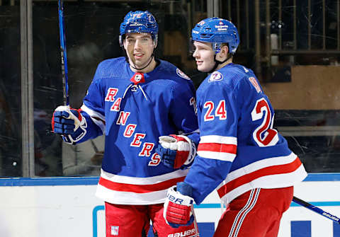 NEW YORK, NEW YORK – APRIL 29: Filip Chytil #72 and Kaapo Kakko #24 of the New York Rangers react after Chytil scored during the second period against the Washington Capitals at Madison Square Garden on April 29, 2022, in New York City. (Photo by Sarah Stier/Getty Images)