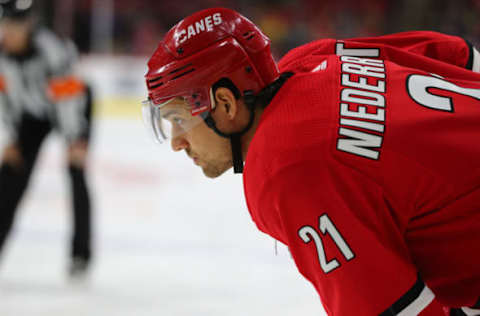 RALEIGH, NC – FEBRUARY 02: Carolina Hurricanes right wing Nino Niederreiter (21) during the 1st period of the Carolina Hurricanes game versus the Vancouver Canucks on February 2nd, 2020 at PNC Arena in Raleigh, NC. (Photo by Jaylynn Nash/Icon Sportswire via Getty Images)