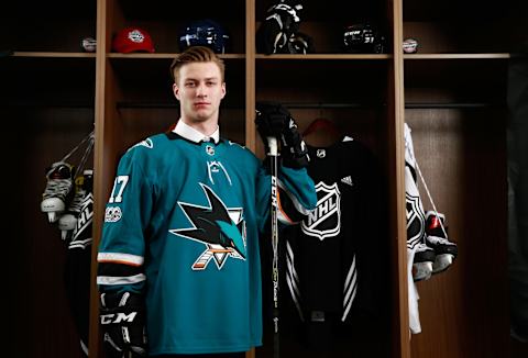 CHICAGO, IL – JUNE 24: Ivan Chekhovich, 212th overall pick of the San Jose Sharks, poses for a portrait during the 2017 NHL Draft at United Center on June 24, 2017 in Chicago, Illinois. (Photo by Jeff Vinnick/NHLI via Getty Images)