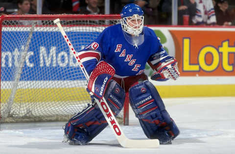 3 Nov 1998: Goallie Dan Cloutier #39 of the New York Rangers in action during the game against the New Jersey Devils at the Continental Ailines Arena in East Rutherford, New Jersey. The Devils defeated the Rangers 3-1. Mandatory Credit: Al Bello /Allsp