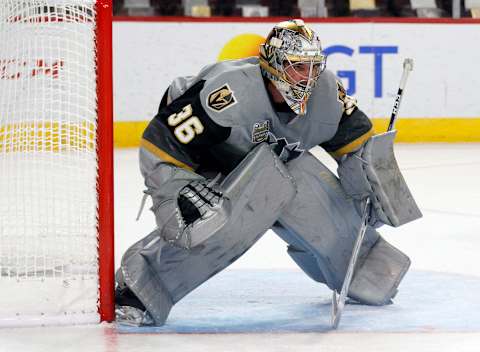 Logan Thompson for the Vegas Golden Knights. (Photo by Ethan Miller/Getty Images)