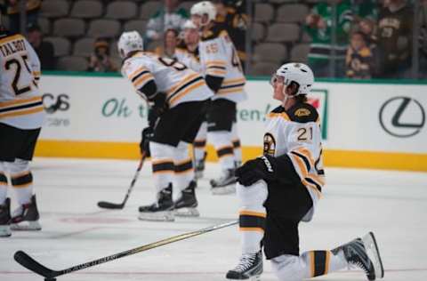 Feb 20, 2016; Dallas, TX, USA; Boston Bruins left wing Loui Eriksson (21) skates in warm-ups prior to the game against the Dallas Stars at the American Airlines Center. The Bruins defeat the Stars 7-3. Mandatory Credit: Jerome Miron-USA TODAY Sports