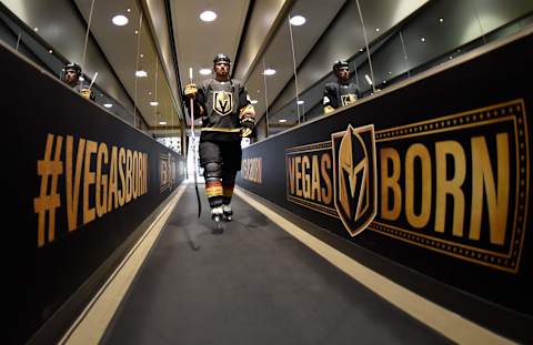 LAS VEGAS, NV – APRIL 14: Ryan Carpenter #40 of the Vegas Golden Knights returns to the locker room after warm-ups prior to Game Three of the Western Conference First Round against the San Jose Sharks during the 2019 NHL Stanley Cup Playoffs at T-Mobile Arena on April 14, 2019 in Las Vegas, Nevada. (Photo by David Becker/NHLI via Getty Images)