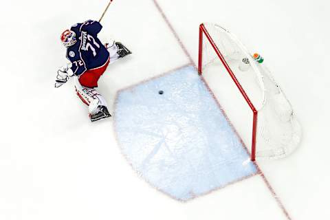 COLUMBUS, OH – APRIL 23: Sergei Bobrovsky #72 of the Columbus Blue Jackets is unable to stop a shot from Devante Smith-Pelly #25 of the Washington Capitals in Game Six of the Eastern Conference First Round during the 2018 NHL Stanley Cup Playoffs on April 23, 2018 at Nationwide Arena in Columbus, Ohio. Washington defeated Columbus 6-3 to win the series 4-2. (Photo by Kirk Irwin/Getty Images)