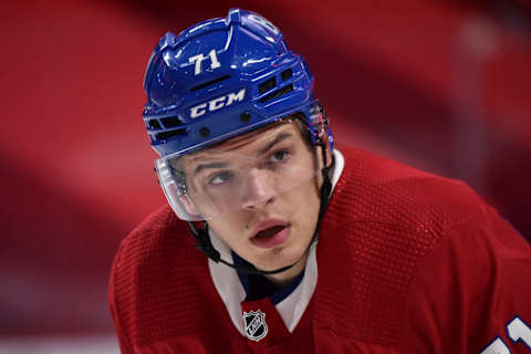 MONTREAL, QC – APRIL 28: Jake Evans #71 of the Montreal Canadiens prepares for a face-off during the second period against the Toronto Maple Leafs at the Bell Centre on April 28, 2021 in Montreal, Canada. The Toronto Maple Leafs defeated the Montreal Canadiens 4-1. (Photo by Minas Panagiotakis/Getty Images)