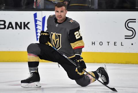 LAS VEGAS, NV – MARCH 23: William Carrier #28 of the Vegas Golden Knights warms up prior to a game against the Detroit Red Wings at T-Mobile Arena on March 23, 2019 in Las Vegas, Nevada. (Photo by David Becker/NHLI via Getty Images)