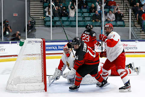 FRISCO, TEXAS – MAY 06: Logan Stankoven #11 of Canada puts a shot on goal against Sergei Ivanov #29 of Russia in the second period during the 2021 IIHF Ice Hockey U18 World Championship Gold Medal Game at Comerica Center on May 06, 2021 in Frisco, Texas. (Photo by Tom Pennington/Getty Images)