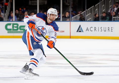 ELMONT, NEW YORK – NOVEMBER 23: Markus Niemelainen #80 of the Edmonton Oilers skates against the New York Islanders at the UBS Arena on November 23, 2022 in Elmont, New York. (Photo by Bruce Bennett/Getty Images)