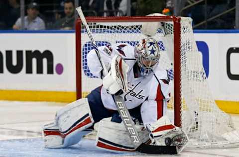 Feb 19, 2017; New York, NY, USA; Washington Capitals goalie Philipp Grubauer (31) makes a save during the second period against the New York Rangers at Madison Square Garden. Mandatory Credit: Adam Hunger-USA TODAY Sports