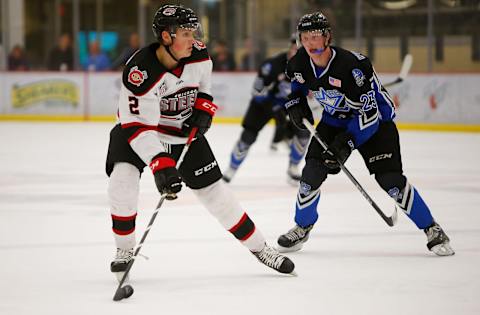 CRANBERRY TOWNSHIP, PA – SEPTEMBER 29: Robbie Stucker #2 of the Chicago Steel handles the puck during the game against the Lincoln Stars on Day 2 of the USHL Fall Classic at UPMC Lemieux Sports Complex on September 29, 2017 in Cranberry Township, Pennsylvania. (Photo by Justin K. Aller/Getty Images)