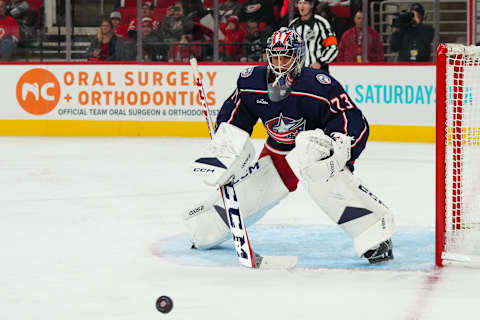 Oct 3, 2022; Raleigh, North Carolina, USA; Columbus Blue Jackets goaltender Jet Greaves (73) watches the puck against the Carolina Hurricanes during the third period at PNC Arena. Mandatory Credit: James Guillory-USA TODAY Sports