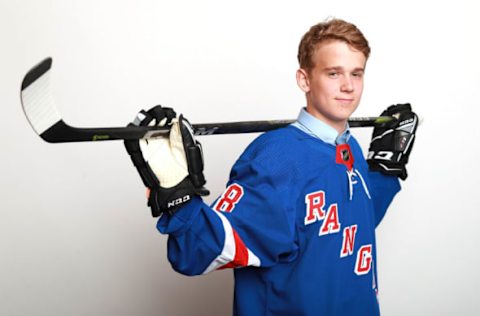 DALLAS, TX – JUNE 22: Nils Lundkvist poses after being selected twenty-eighth overall by the New York Rangers during the first round of the 2018 NHL Draft at American Airlines Center on June 22, 2018 in Dallas, Texas. (Photo by Tom Pennington/Getty Images)