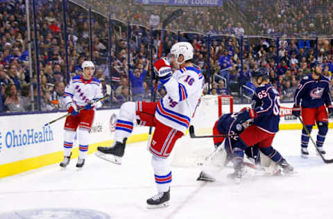 COLUMBUS, OH – JANUARY 13: Ryan Strome #16 of the New York Rangers celebrates after scoring a goal during the first period of the game against the Columbus Blue Jackets on January 13, 2019 at Nationwide Arena in Columbus, Ohio. (Photo by Kirk Irwin/Getty Images)