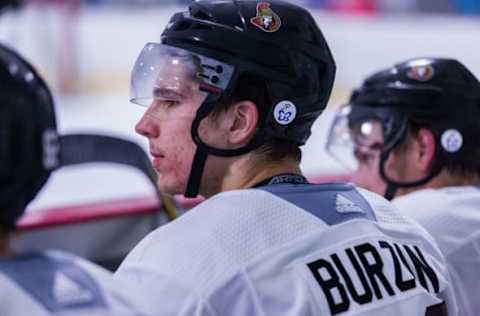 KANATA, ON – JULY 02: Ottawa Senators Prospect Center Luka Burzan (38) sits on the bench during the Ottawa Senators Development Camp on July 2, 2018, at Bell Sensplex in Kanata, ON, Canada. (Photo by Richard A. Whittaker/Icon Sportswire via Getty Images)