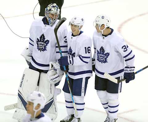 WINNIPEG, MANITOBA – OCTOBER 4: Forwards Auston Matthews #34 and forward Mitchell Marner #16 of the Toronto Maple Leafs . (Photo by Jason Halstead /Getty Images)