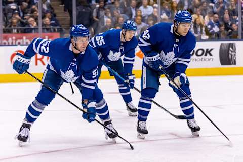 Toronto Maple Leafs – Martin Marincin #52, Ilya Mikheyev #65 and Trevor Moore #42 (Photo by Kevin Sousa/NHLI via Getty Images)