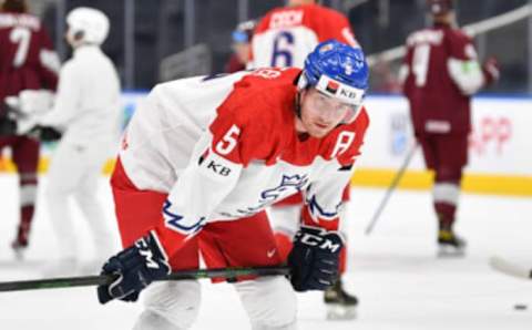 EDMONTON, AB – AUGUST 14: David Jiricek #5 of Czechia warms up prior to the game against Latvia in the IIHF World Junior Championship on August 14, 2022 at Rogers Place in Edmonton, Alberta, Canada (Photo by Andy Devlin/ Getty Images)