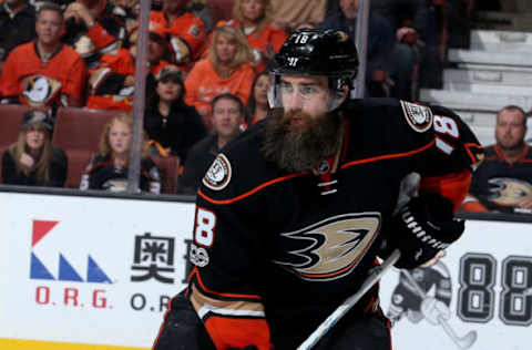 ANAHEIM, CA: Patrick Eaves #18 of the Anaheim Ducks skates during the game against the Edmonton Oilers in Game Two of the 2017 NHL Western Conference Second Round on April 28, 2017. (Photo by Debora Robinson/NHLI via Getty Images)