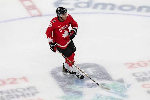 Quinton Byfield #19 of Canada. (Photo by Codie McLachlan/Getty Images)