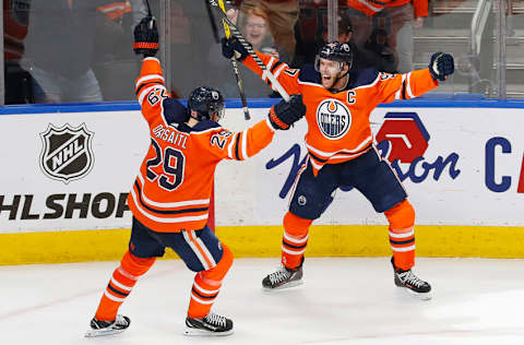 Edmonton Oilers forwards Connor McDavid, #97, and Leon Draisaitl # 29. Mandatory Credit: Perry Nelson-USA TODAY Sports