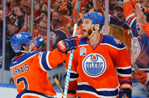 May 7, 2017; Edmonton, Alberta, CAN; Edmonton Oilers forward Zack Kassian (44) celebrates a first period goal against the Anaheim Ducks in game six of the second round of the 2017 Stanley Cup Playoffs at Rogers Place. Mandatory Credit: Perry Nelson-USA TODAY Sports