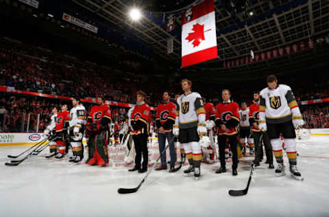 CALGARY, AB – APRIL 7: The Calgary Flames and the Vegas Golden Knights honour the Humboldt Broncos before an NHL game on April 7, 2018 at the Scotiabank Saddledome in Calgary, Alberta, Canada. (Photo by Gerry Thomas/NHLI via Getty Images)