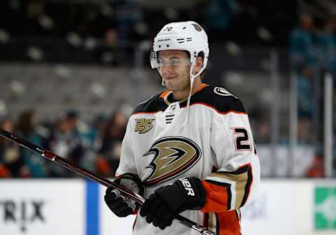 SAN JOSE, CA – OCTOBER 03: Pontus Aberg #20 of the Anaheim Ducks warms up before their game against the San Jose Sharks at SAP Center on October 3, 2018, in San Jose, California. (Photo by Ezra Shaw/Getty Images)