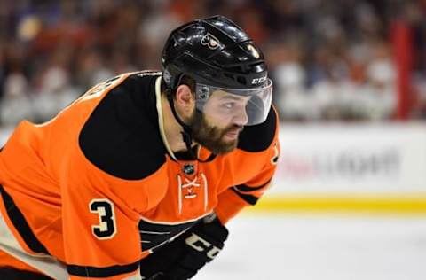 Apr 9, 2016; Philadelphia, PA, USA; Philadelphia Flyers defenseman Radko Gudas (3) looks on during the second period against the Pittsburgh Penguins at Wells Fargo Center. Mandatory Credit: Derik Hamilton-USA TODAY Sports