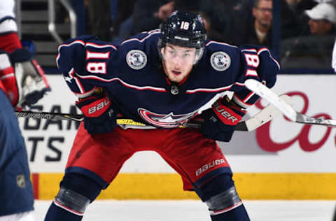 COLUMBUS, OH – APRIL 17: Pierre-Luc Dubois #18 of the Columbus Blue Jackets skates in Game Three of the Eastern Conference First Round against the Washington Capitals during the 2018 NHL Stanley Cup Playoffs at Nationwide Arena in Columbus, Ohio. (Photo by Jamie Sabau/NHLI via Getty Images) *** Local Caption *** Pierre-Luc Dubois