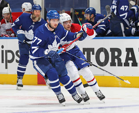 TORONTO, ON – MAY 27: Jesperi Kotkaniemi #15 of the Montreal Canadiens skates against Adam Brooks #77 of the Toronto Maple Leafs in Game Five of the First Round of the 2021 Stanley Cup Playoffs at Scotiabank Arena on May 27, 2021 in Toronto, Ontario, Canada. The Canadiens defeated the Maple Leafs 4-3 in overtime. (Photo by Claus Andersen/Getty Images)