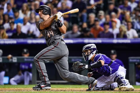 DENVER, CO – SEPTEMBER 10: Paul Goldschmidt #44 of the Arizona Diamondbacks hits into an RBI groundout in the sixth inning of a game against the Colorado Rockies at Coors Field on September 10, 2018 in Denver, Colorado. (Photo by Dustin Bradford/Getty Images)