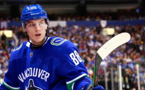 VANCOUVER, BC – MARCH 6: Adam Gaudette #88 of the Vancouver Canucks looks on from the bench during their NHL game against the Toronto Maple Leafs at Rogers Arena March 6, 2019 in Vancouver, British Columbia, Canada. (Photo by Jeff Vinnick/NHLI via Getty Images)”n